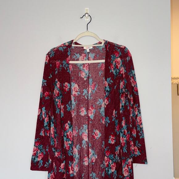 Lularoe Sarah Floral Duster Cardigan Size Medium Pockets Long Burgundy Red Blue - Picture 2 of 8